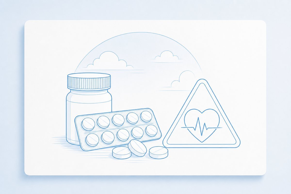 Domperidone tablets with QT caution icon in surgical blue line art