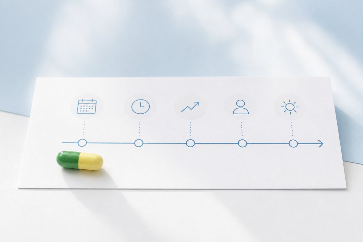 Fluoxetine capsule on SSRI onset timeline card with sky-tint shadow