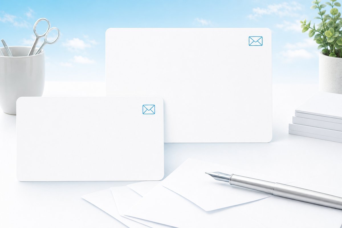 Soft blue sky-gradient band over white letter desk with surgical-blue accent icons