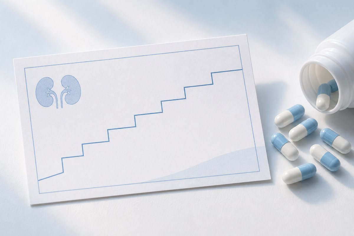 Kidney CrCl step card next to gabapentin capsules
