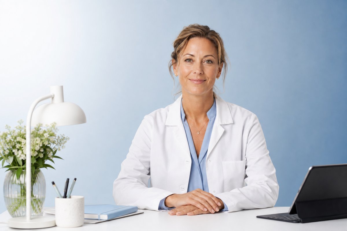 Desk portrait vignette for Dr. Nora Lindqvist on paper-white with sky band