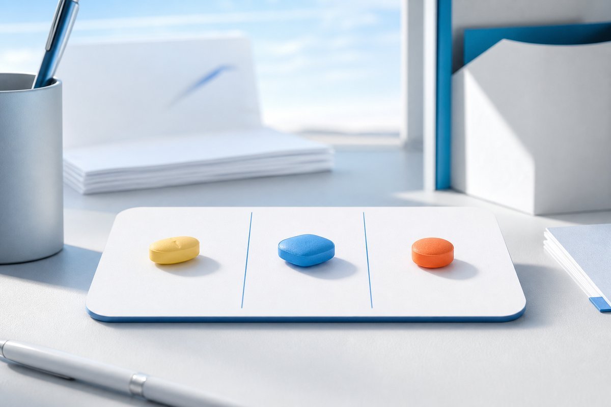 Three PDE5 tablets on versus grid with atmospheric blue-tinted shadows