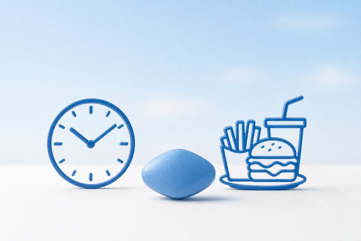 Clock and fatty-meal outline beside sildenafil tablet