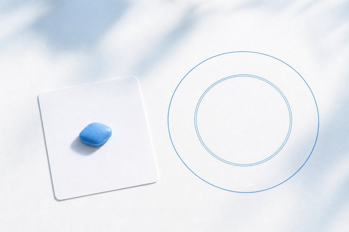 Blue sildenafil tablet beside empty-plate timing sketch on paper-white desk